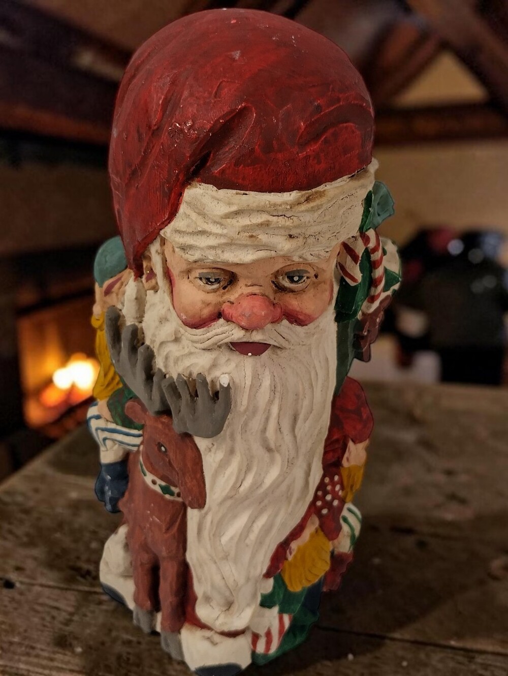 Vtg Christmas Carved Santa Claus Elves Reindeer 3D Statue 9.5" Tall Mrs Cluas